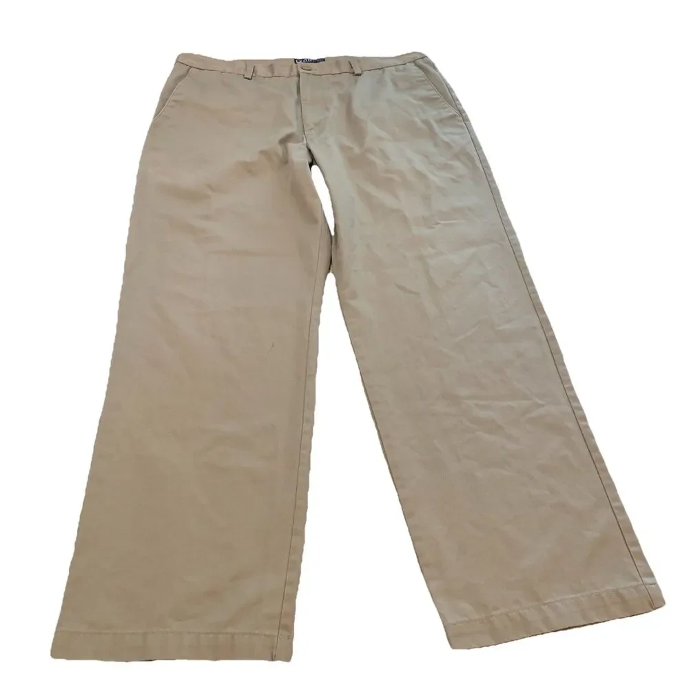 Izod Slacks Mens 38x32 Khaki American Chino Straight Fit Flat Front 100% Cotton.
